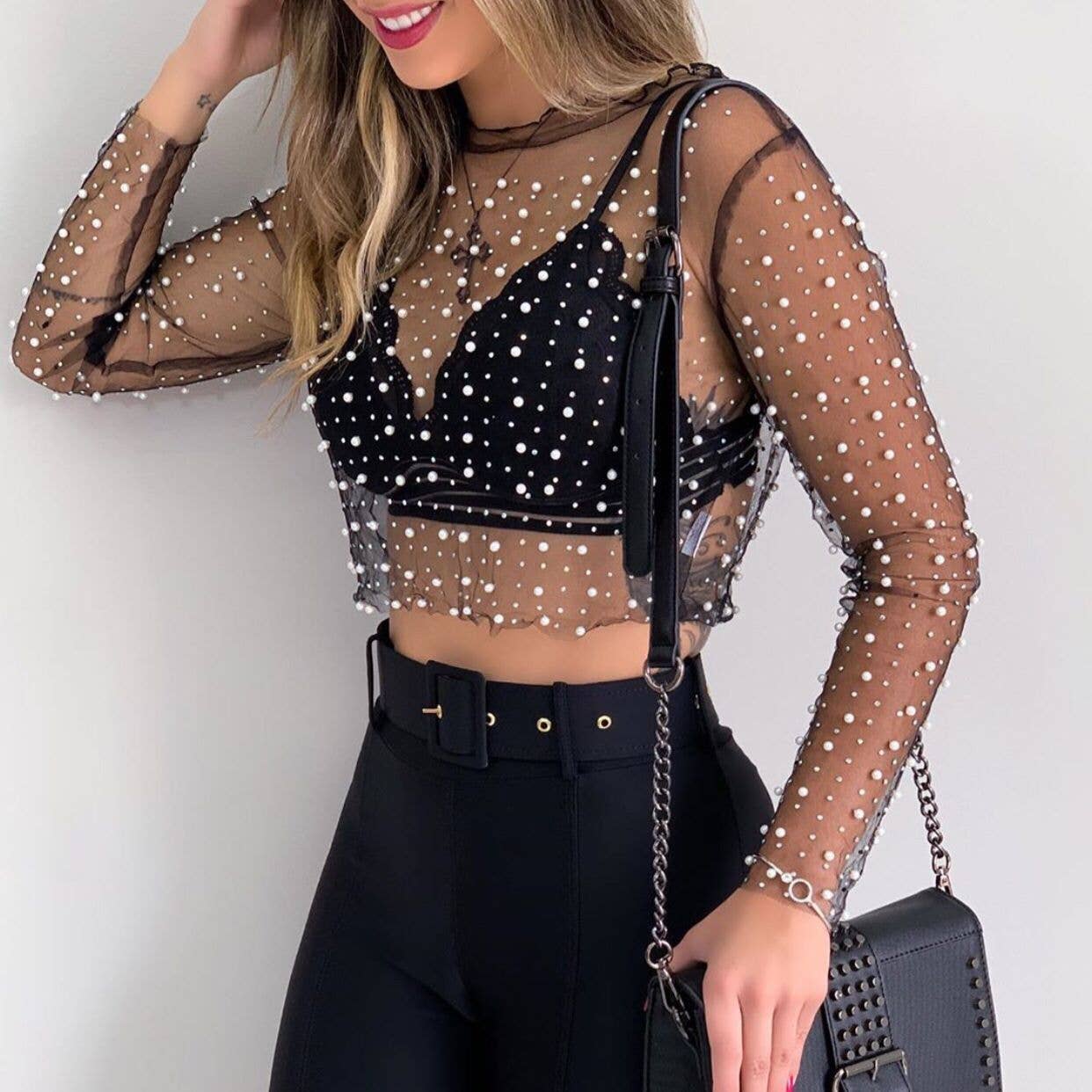 PEARL RHINESTONE MESH TOP