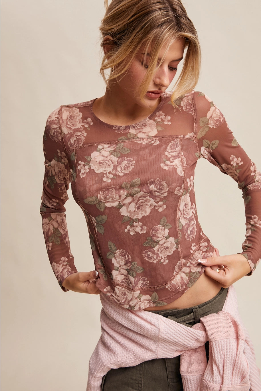 FLORAL LONG SLEEVE MESH TOP