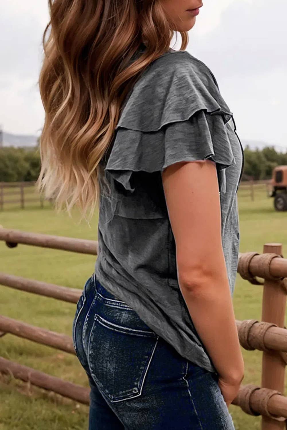 WESTERN LAYERED RUFFLE SLEEVE TOP