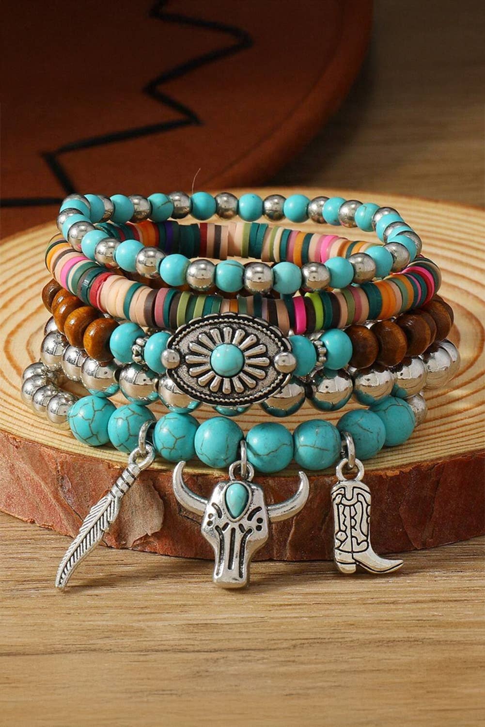 WESTERN PATTER TURQUOISE BEADED MULTI LAYER BRACELET SET