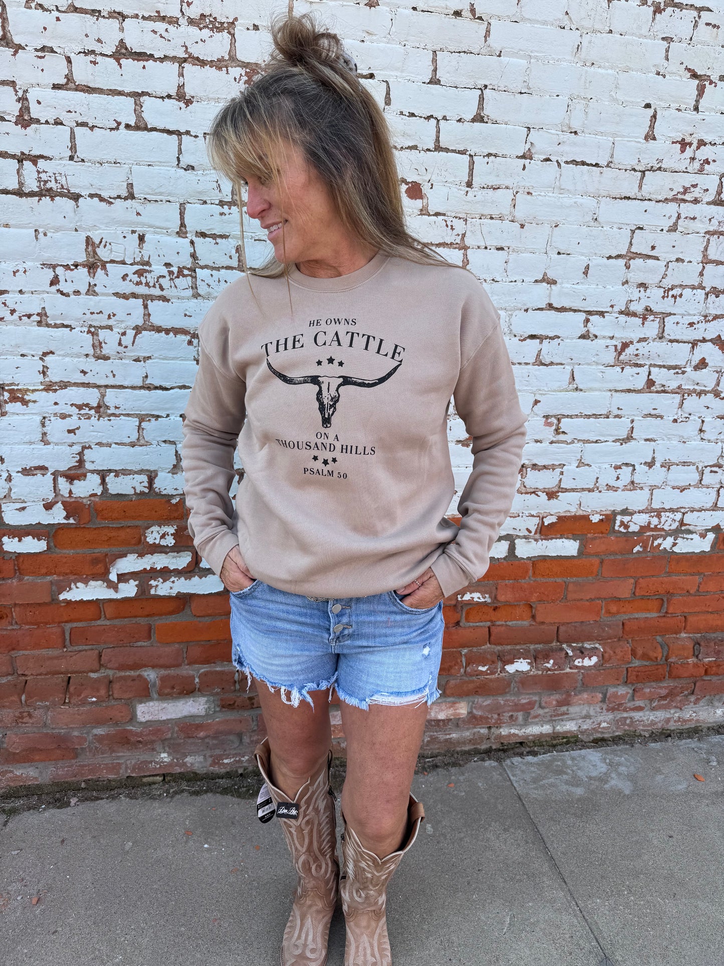HE OWNS THE CATTLE SWEATSHIRT