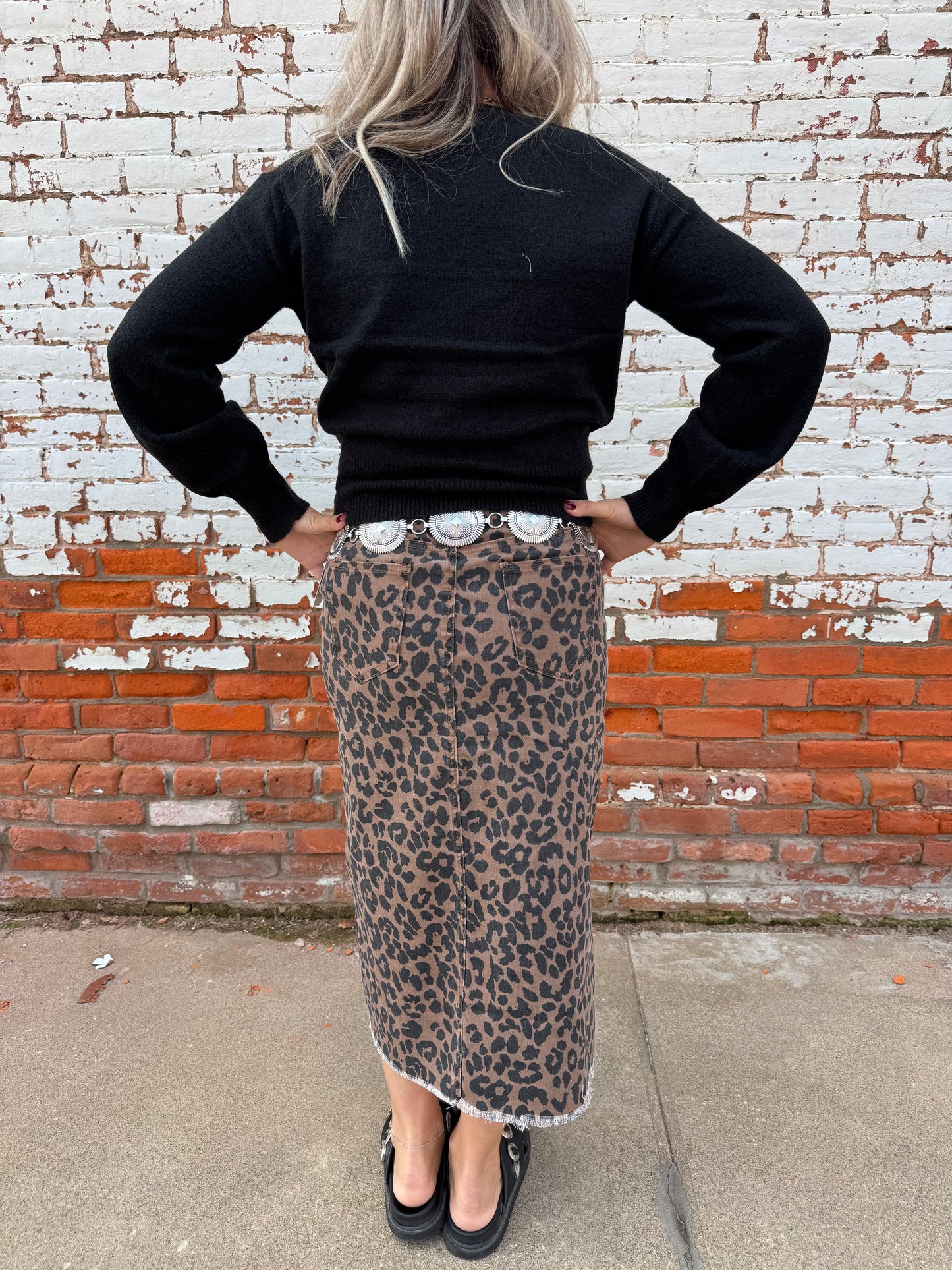 EMMA LEOPARD SPLIT DENIM MIDI SKIRT