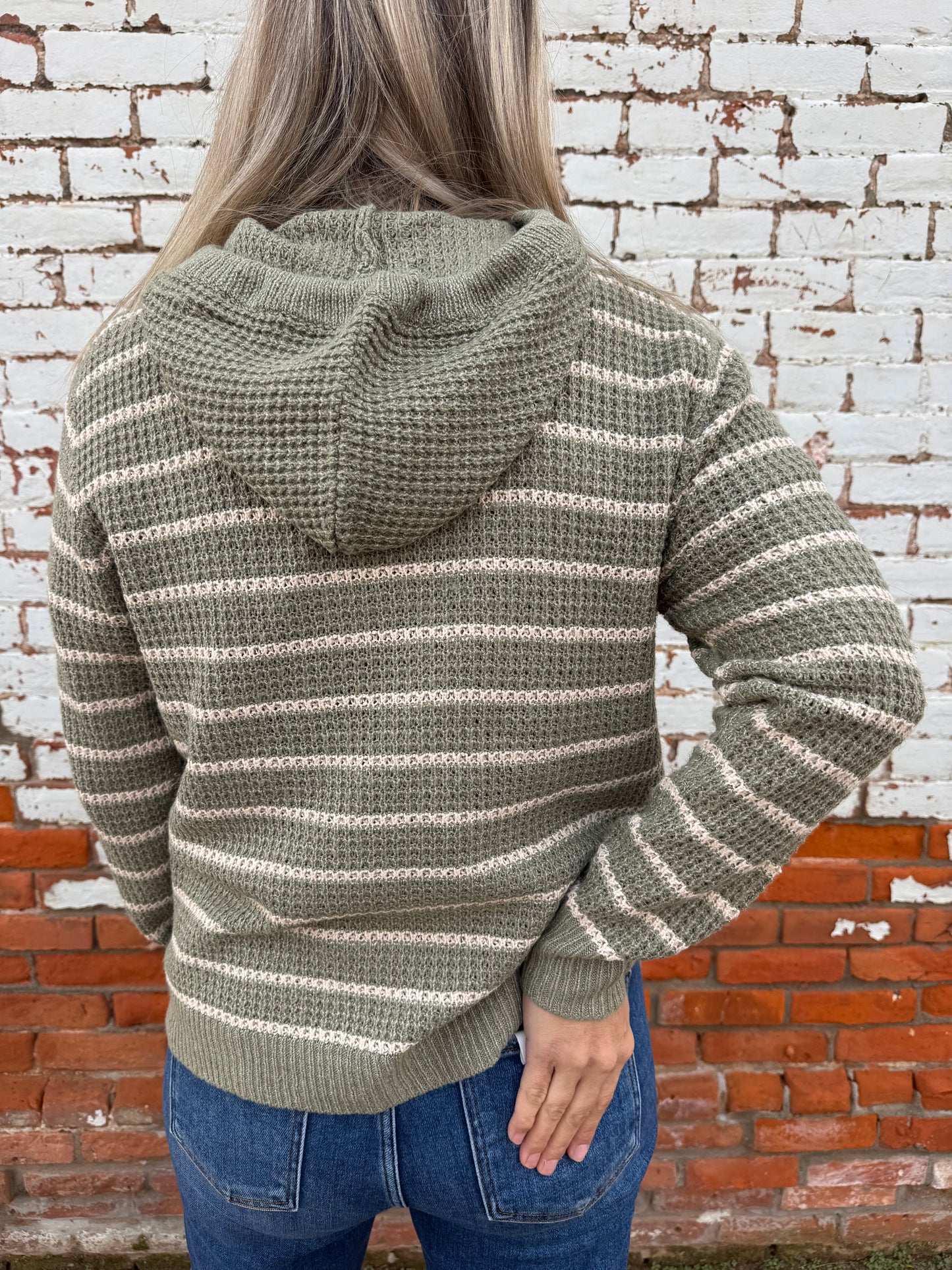 DRAWSTRING HOODED STRIPED SWEATER