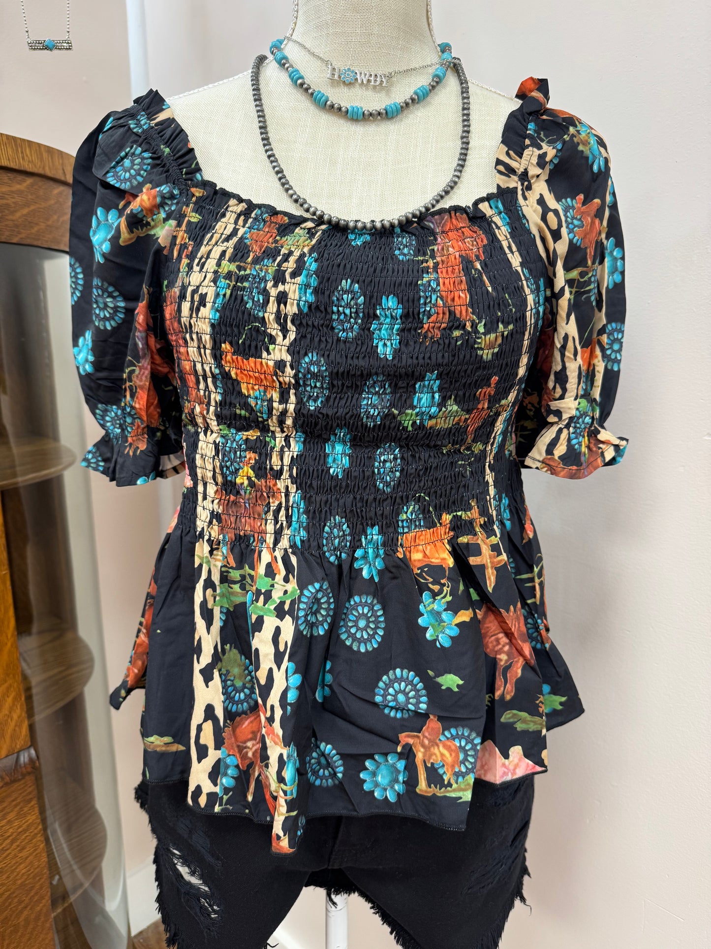 GRACE-LEOPARD TUQUOISE BLOUSE
