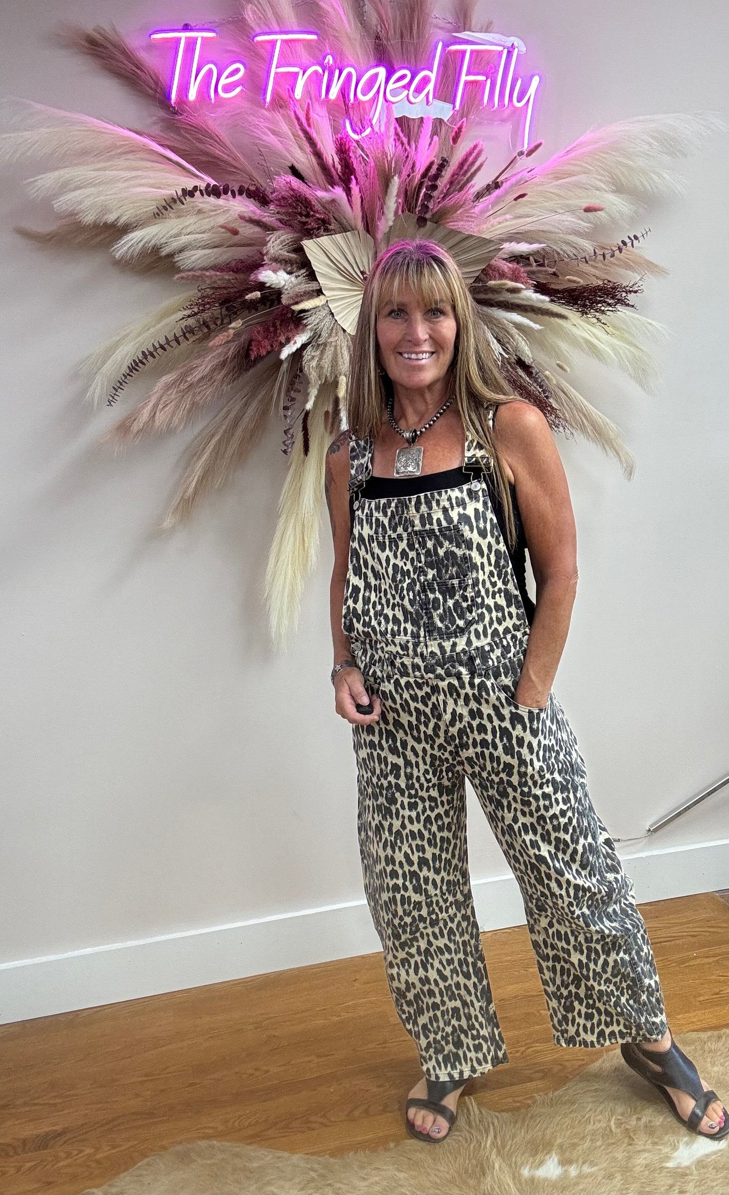 STACIE-LEOPARD PRINT BARREL LEG OVERALLS