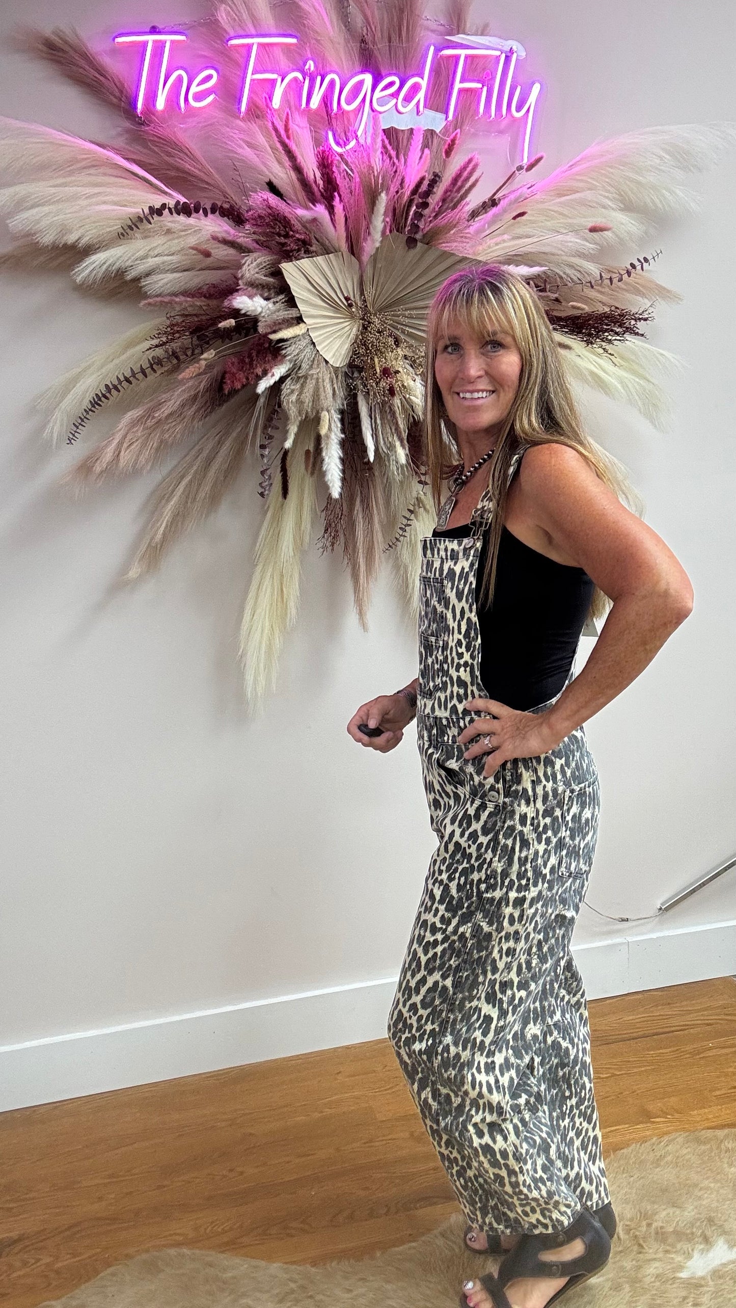 STACIE-LEOPARD PRINT BARREL LEG OVERALLS