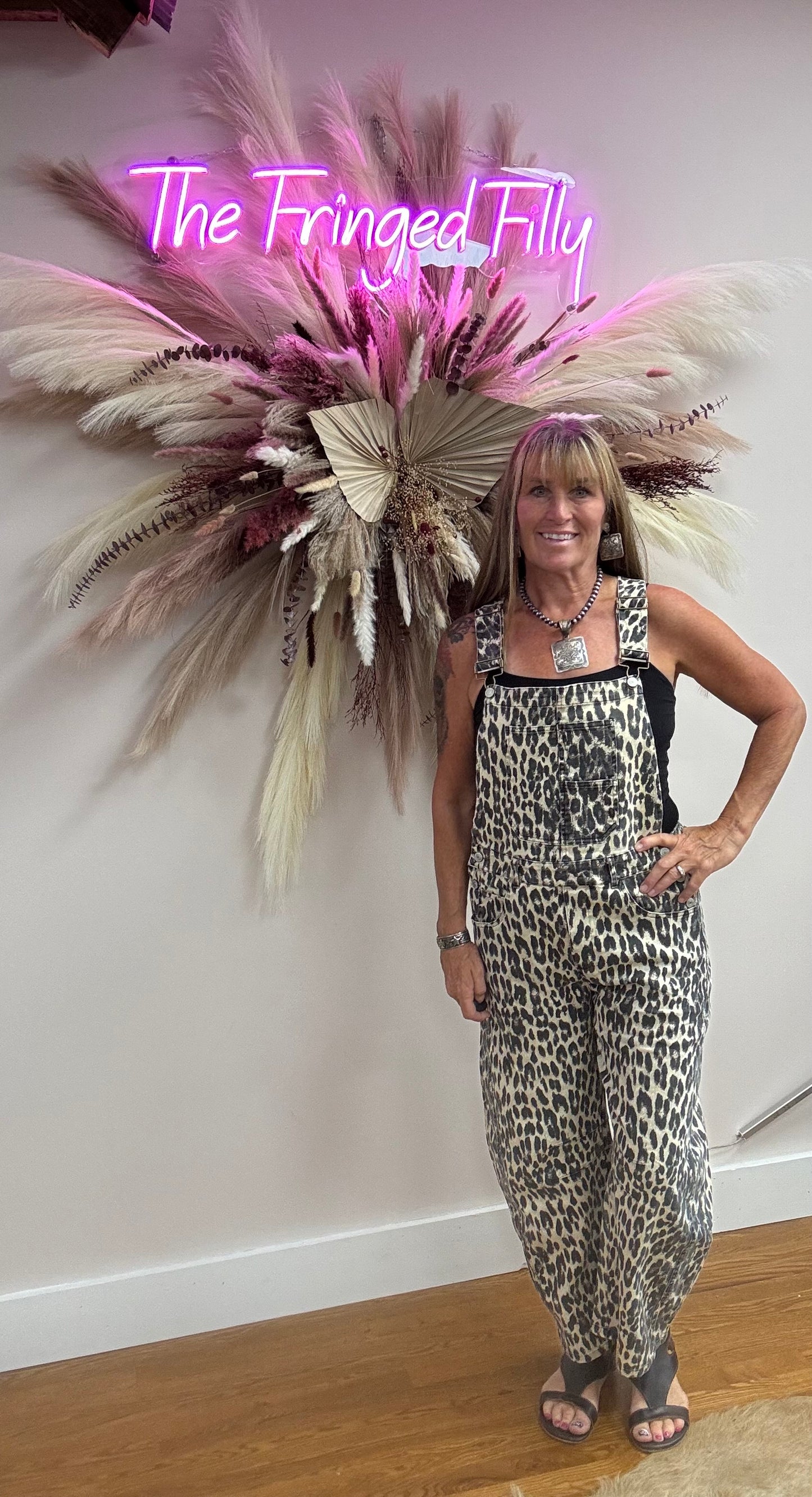 STACIE-LEOPARD PRINT BARREL LEG OVERALLS