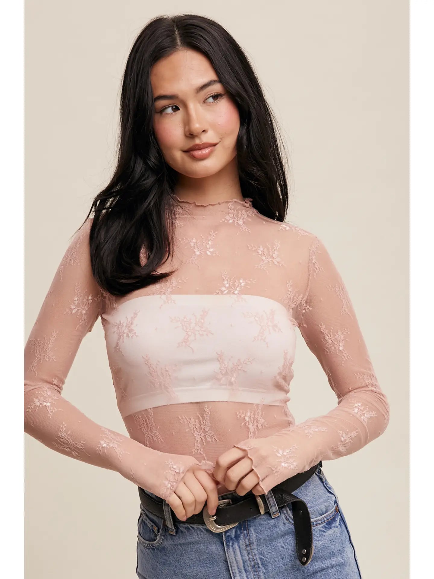 SHEER LACE LONG SLEEVE MESH