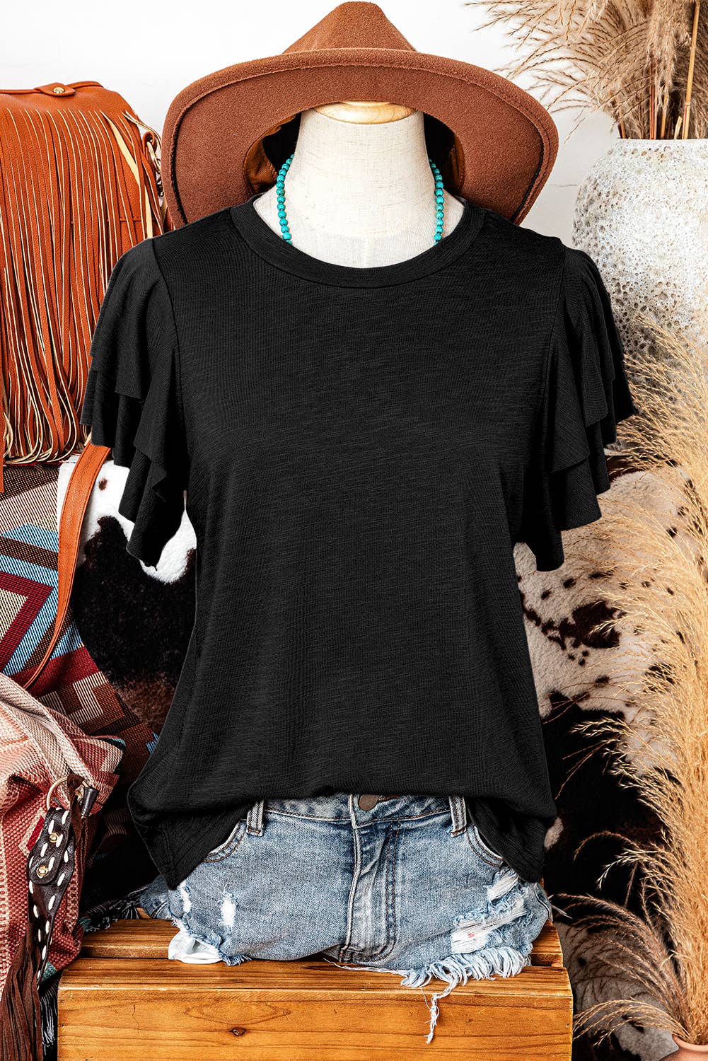 WESTERN LAYERED RUFFLE SLEEVE TOP