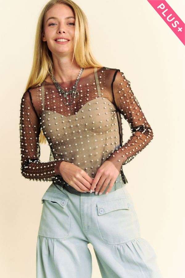 PLUS PEARL RHINESTONE MESH TOP