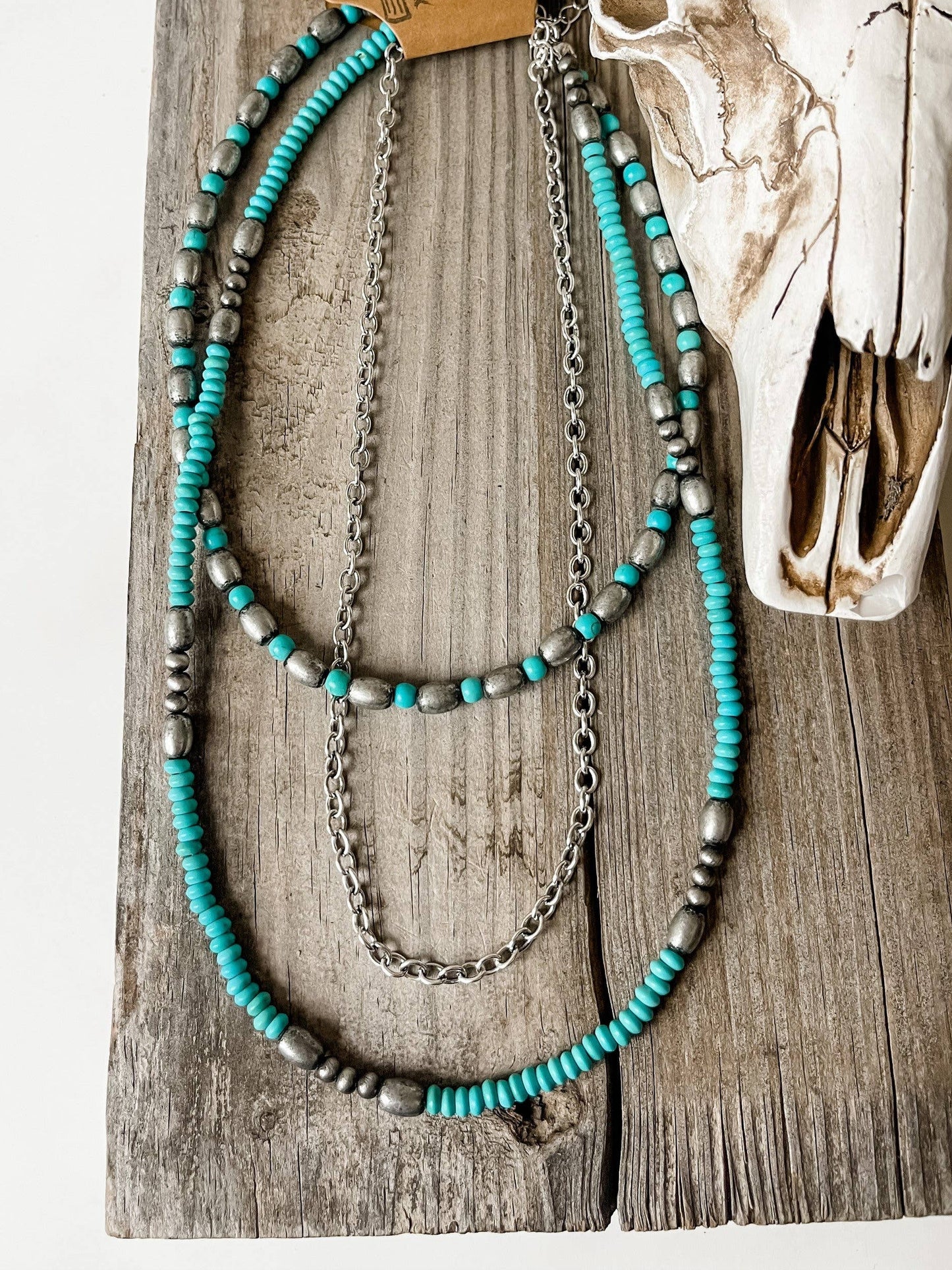 NAVAJO STYLE PEARL AND STONE LAYERED NECKLACE
