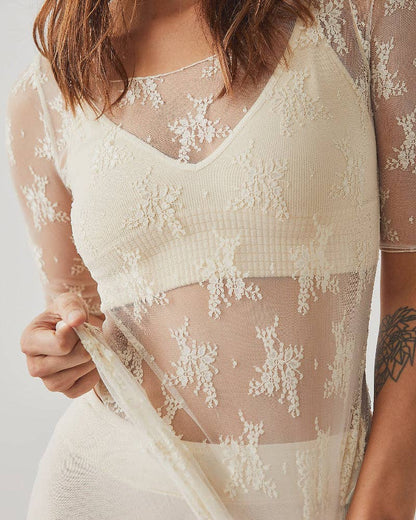 FLORAL LACE MID SLEEVE MESH TOP