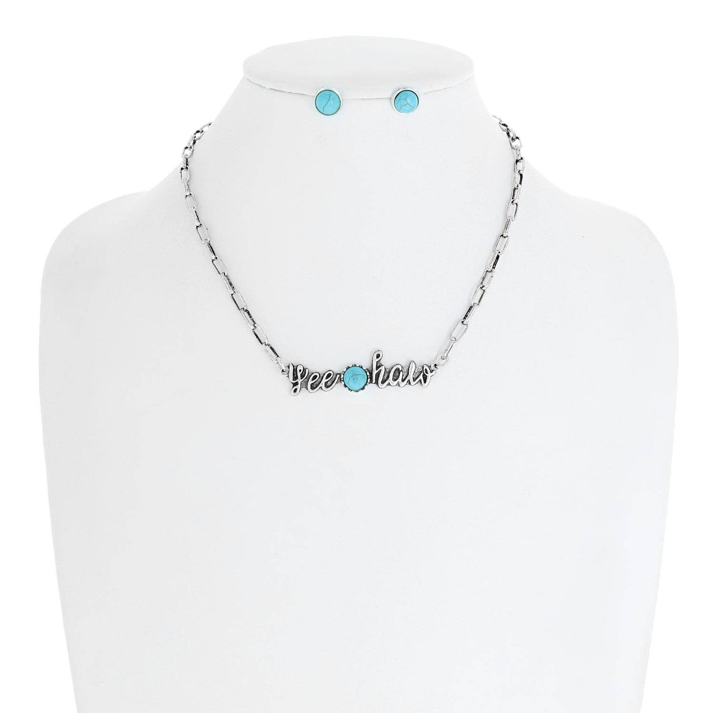 "YEEHAW" TURQUOISE SEMI STONE PENDANT CHAIN NECKLACE SET
