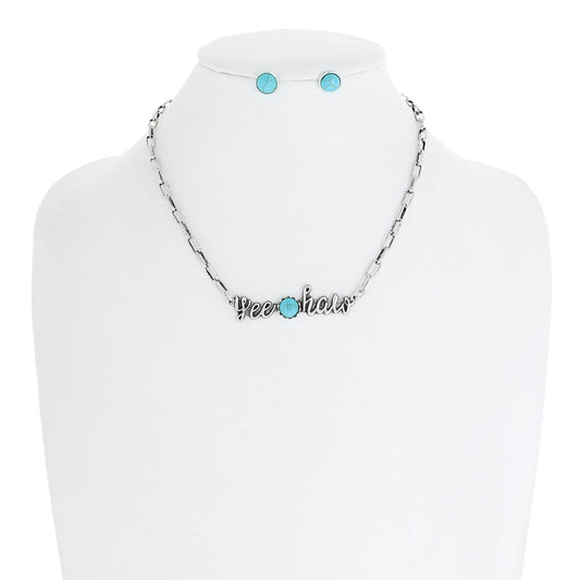 "YEEHAW" TURQUOISE SEMI STONE PENDANT CHAIN NECKLACE SET