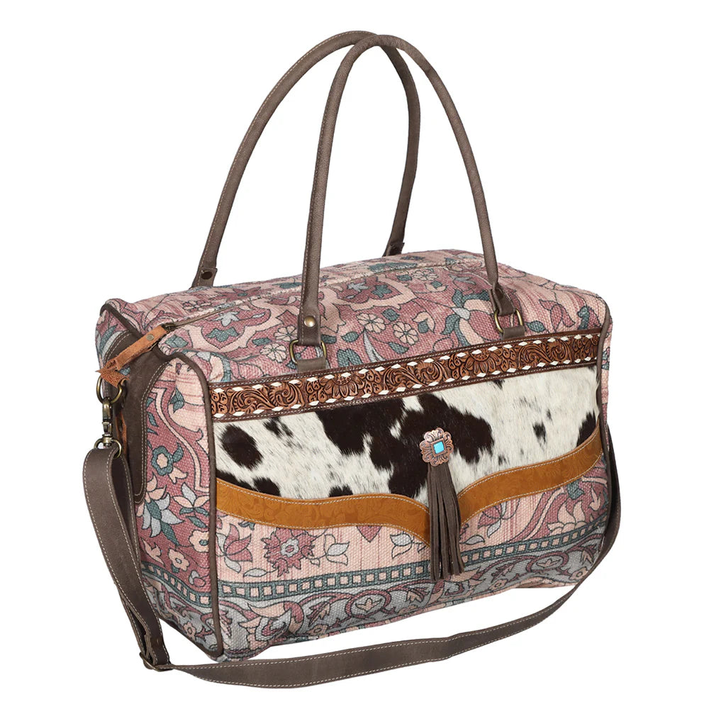 UPCYCLED HAIR ON FLORAL DUFFLE BAG