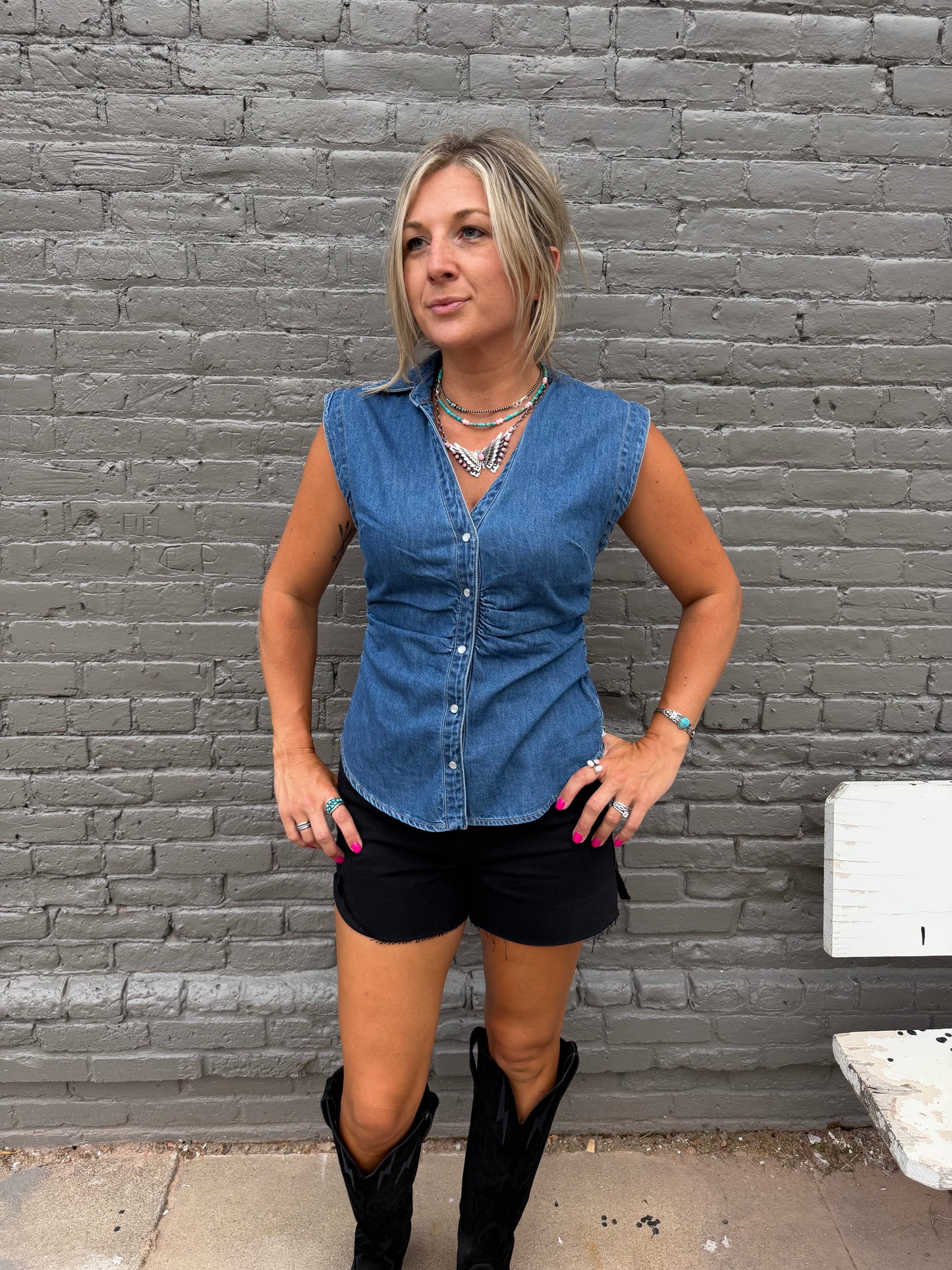 THE TRACI SLEEVELESS DENIM TOP