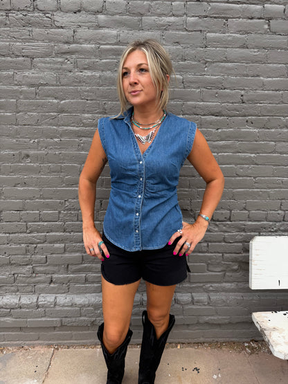 THE TRACI SLEEVELESS DENIM TOP