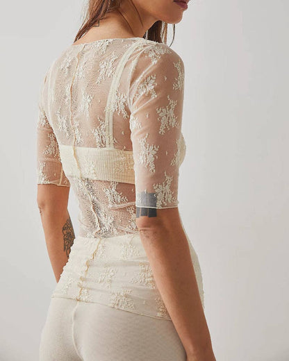 FLORAL LACE MID SLEEVE MESH TOP