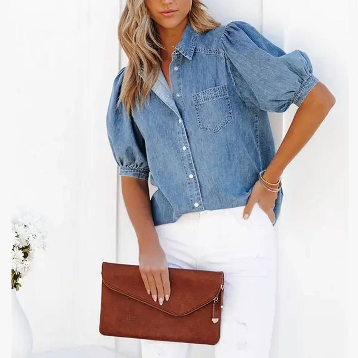 TARA-PRINCESS 3/4 SLEEVE DENIM SHIRT