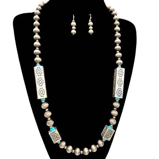 Navajo Beads Geometric Metal Cube Tribal Necklace