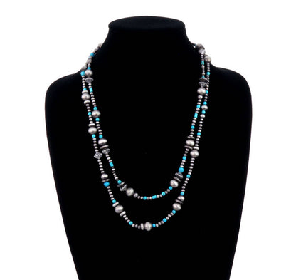 2 LAYERED NAVAJO STYLE PEARL AND BEAD NECKLACE