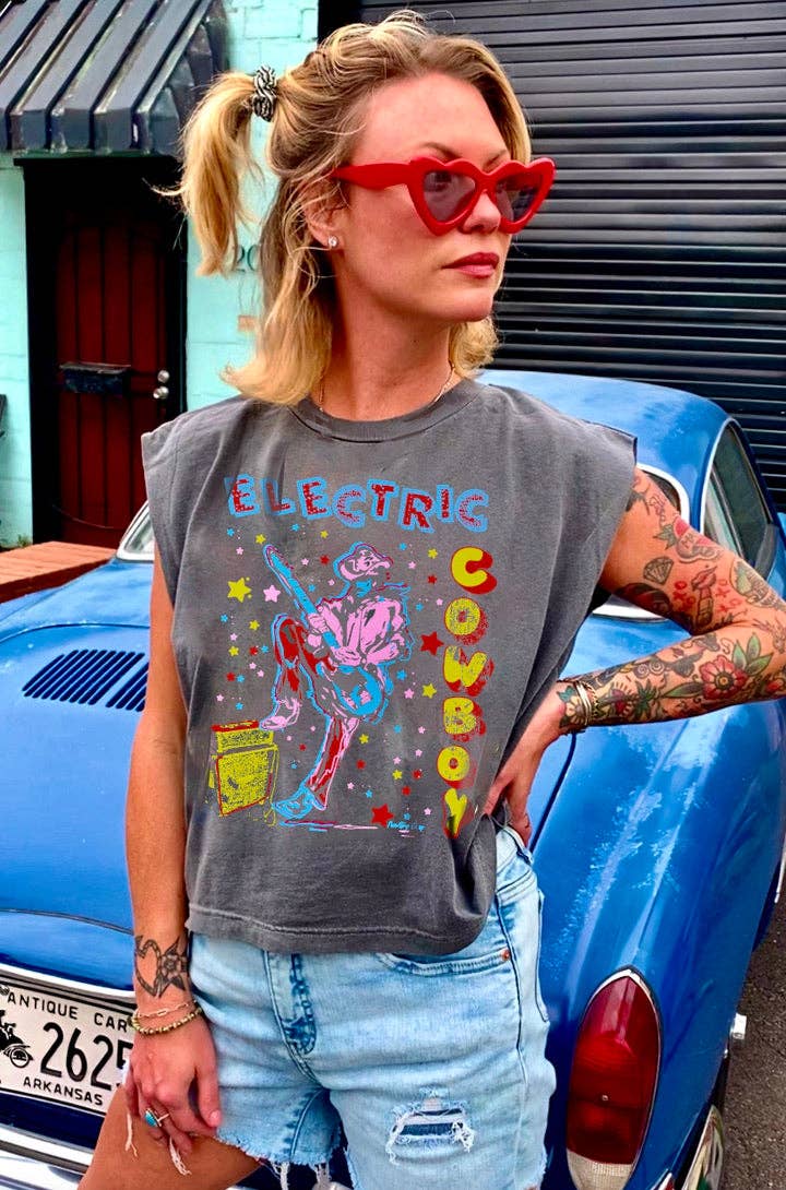 ELECTRIC COWBOY BOXY MUSCLE CROP TOP
