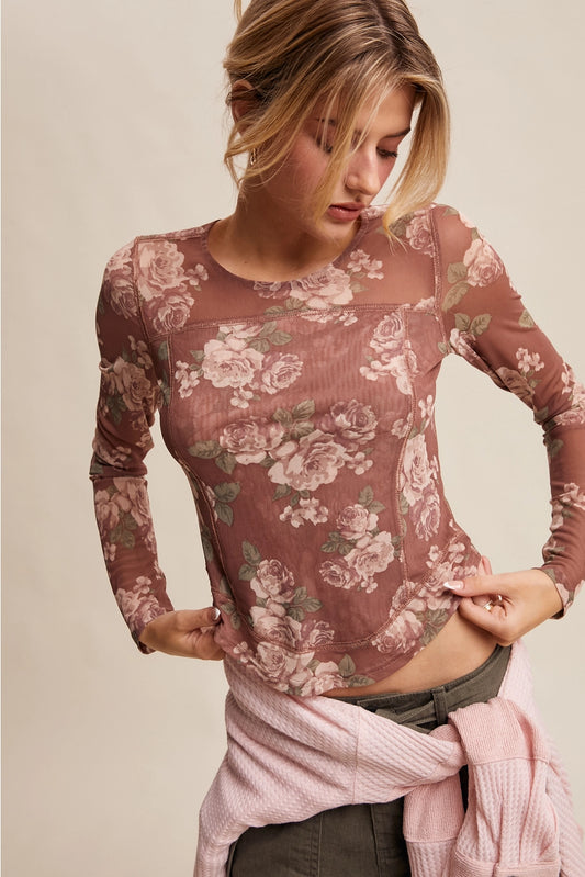 FLORAL LONG SLEEVE MESH TOP
