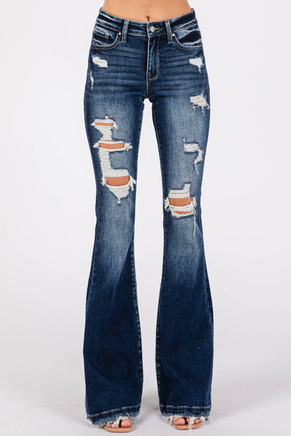 MONTANA- MID RISE DISTRESSED STRETCH FLARE JEANS