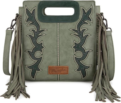 SAGE FRINGE EMBOSSED CROSSBODY PURSE