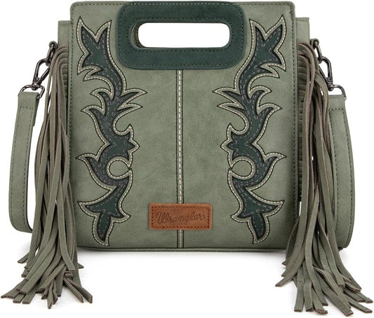 SAGE FRINGE EMBOSSED CROSSBODY PURSE