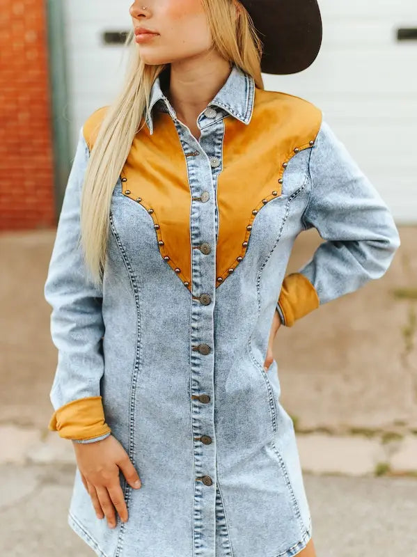DENIM CONCHO SUEDE STUDDED YOKE DRESS