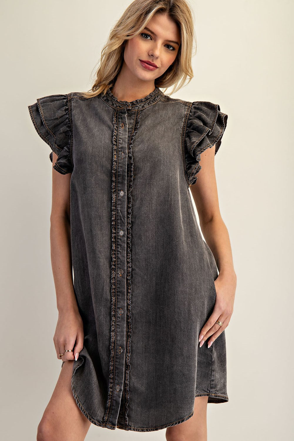JAYLYNN BUTTON DOWN RUFFLE MINI DRESS