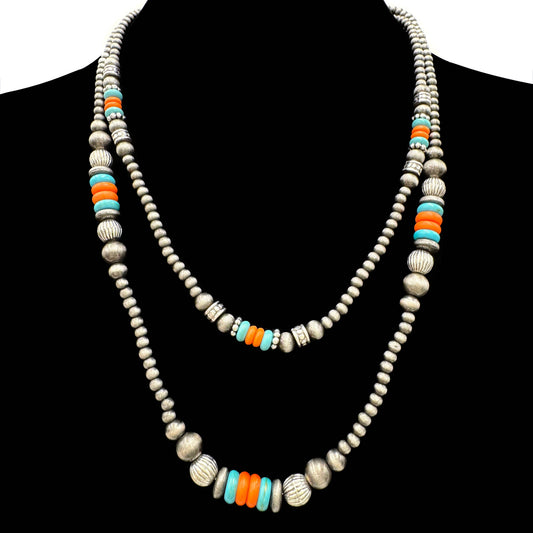 Turquoise and Orange Beads Navajo Two Strand Necklace