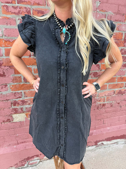 JAYLYNN BUTTON DOWN RUFFLE MINI DRESS