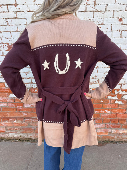 WESTERN HORSESHOE BELTED CARDIGAN