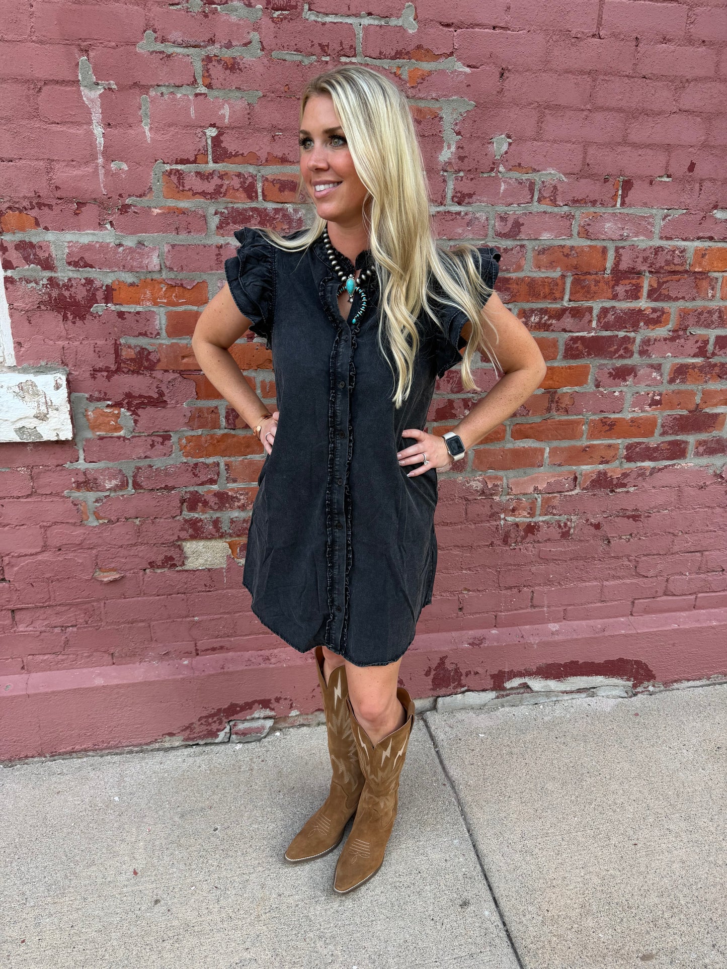 JAYLYNN BUTTON DOWN RUFFLE MINI DRESS
