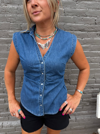 THE TRACI SLEEVELESS DENIM TOP