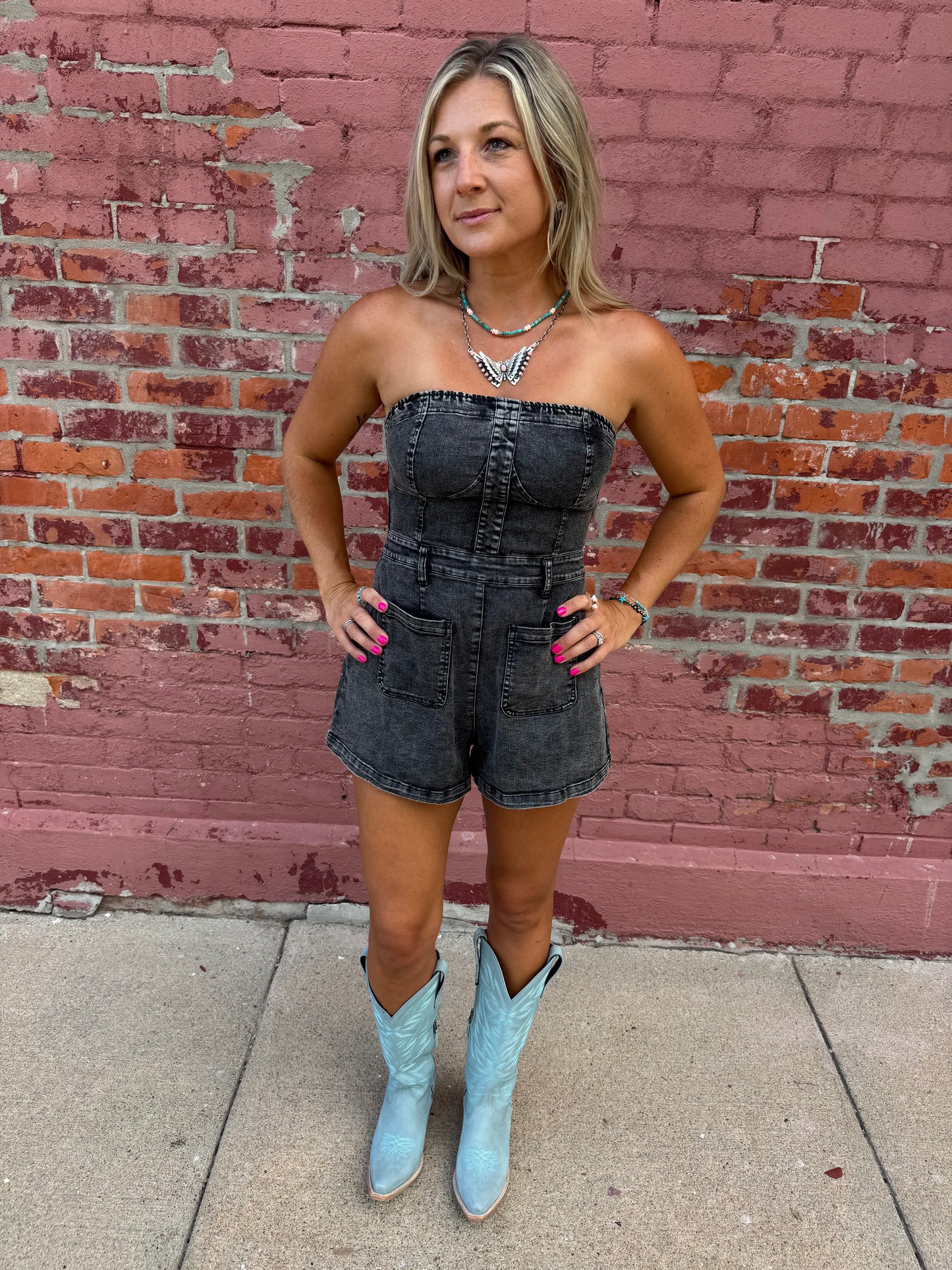 MIDNIGHT OUTLAW DENIM ROMPER