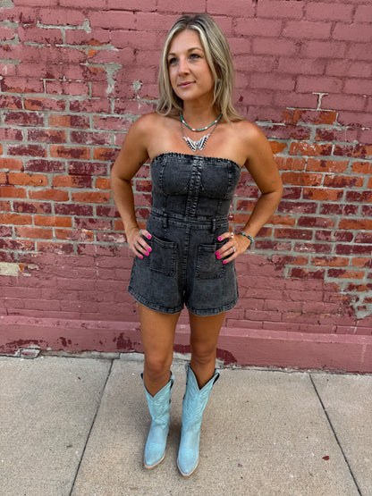 MIDNIGHT OUTLAW DENIM ROMPER