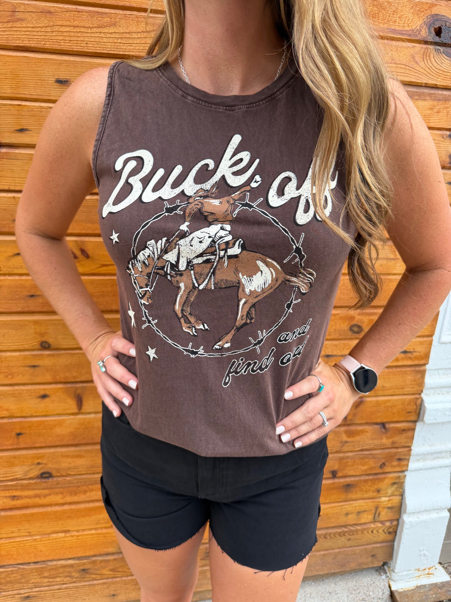 BUCK OFF AND FIND OUT GRAPHIC TANK TOP