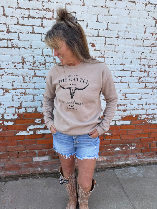 HE OWNS THE CATTLE SWEATSHIRT