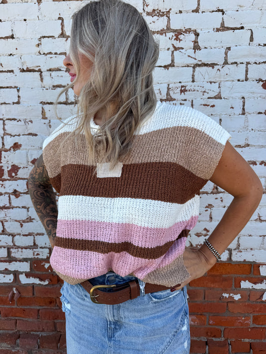 MULTICOLOR STRIPED CAP SLEEVE SWEATER