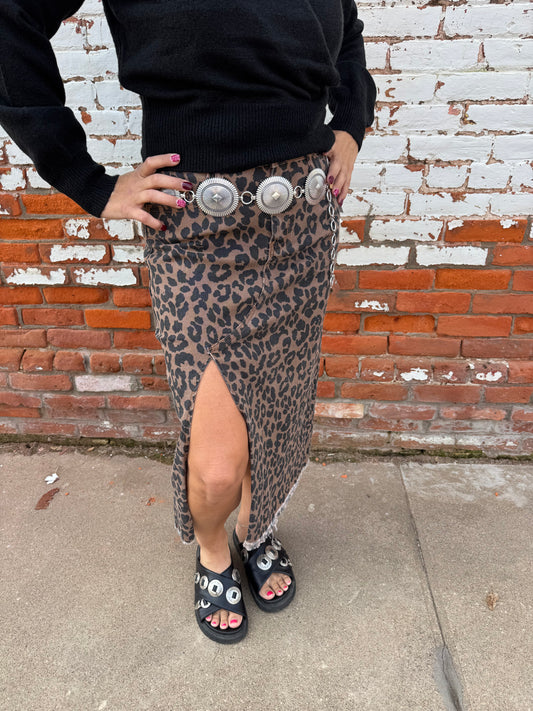 EMMA LEOPARD SPLIT DENIM MIDI SKIRT
