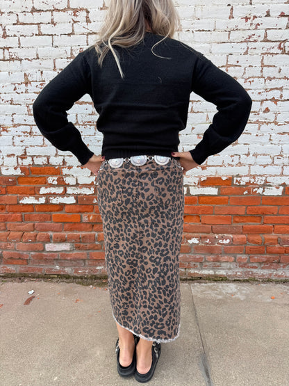 EMMA LEOPARD SPLIT DENIM MIDI SKIRT