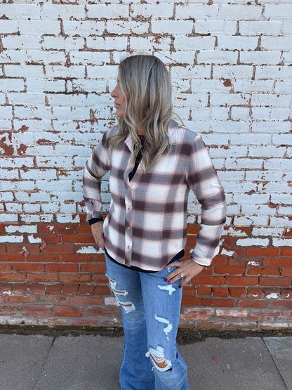 CEDAR COFFEE PLAID BUTTON UP