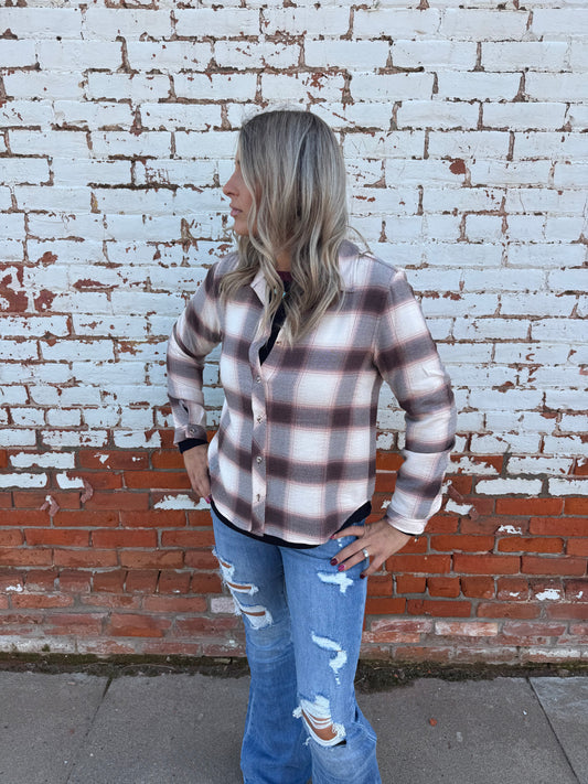 CEDAR COFFEE PLAID BUTTON UP