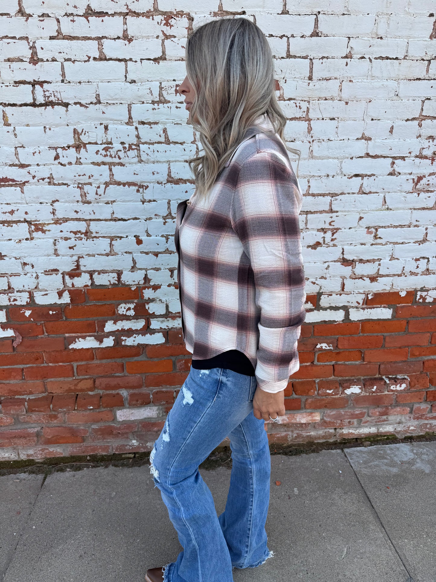CEDAR COFFEE PLAID BUTTON UP
