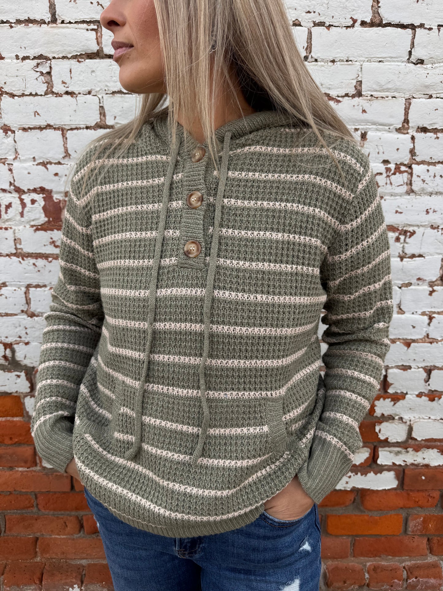 DRAWSTRING HOODED STRIPED SWEATER