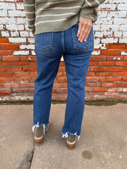 SKYLINE CROP STRAIGHT LEG DISTRESSED HEM JEANS