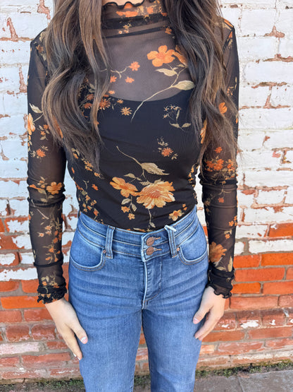 BLACK FLORAL PRINT MESH